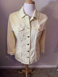 Chico’s 2= M Pastel Yellow Mid Length Frey Hem Denim Jacket Stretch Pockets NWOT - Picture 1 of 7