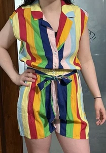 Modcloth Culotte Striped Romper Dress Sz M Rainbow Stripes Pockets Tie Belt - Picture 1 of 7