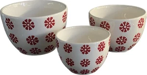 Crate & Barrel Scandia Set of 3 Nesting Bowls White Red Snowflakes Ceramic - Picture 1 of 4