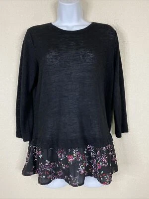 Van Heusen 女式 S 码黑色针织衬衫花卉装饰下摆 — 第 1/4 张图片