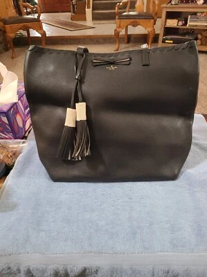 Kate Spade Black Leather Whipstitch & Bow Accent Large Tote W/Beaded Tassels - Image 1 of 4