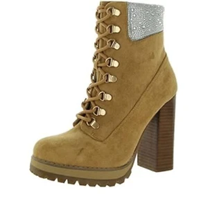 Madden Girl Women's Train-R Faux Suede Rhinestone Combat & Lace up Boots Tan - Picture 1 of 3