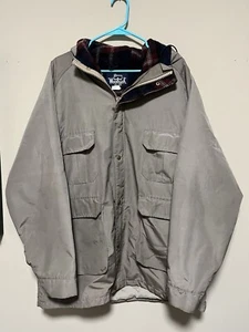 Vintage Woolrich Chore Jacket Barn Utility Coat Large Wool Plaid Lined Hood 60s - Picture 1 of 14
