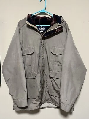 Vintage Woolrich Chore Jacket Barn Utility Coat Large Wool Plaid Lined Hood 60s - Image 1 of 4