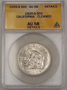 1925-S US California Commemorative Silver 50c Coin ANACS AU-58 Details Cleaned - Picture 1 of 2