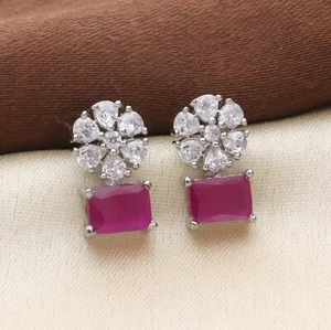 Womens Silver Plated Floral Style Cubic Zirconia Stud Earrings - Picture 1 of 36