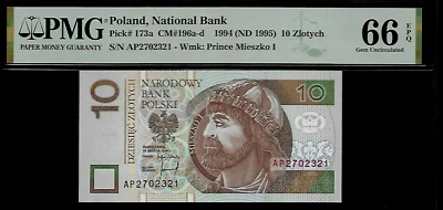 Polonia 10 Zlotych 1994 PMG 66 EPQ UNC P#173a Primera Serie AP Londres Impresión Foto 1 de 2