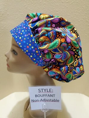 Bright Paisley (black) Women's Bouffant Surgical Scrub Hat/Cap Handmade - Image 1 of 4