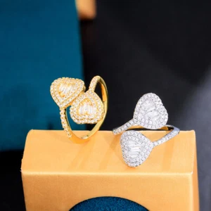 Luxury Fashion Yellow Gold Plated Cubic Zirconia Double Heart Ring for Lover - Bild 1 von 12