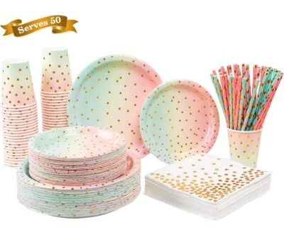 Platos, tazas, servilletas y pajitas suministros vajilla fiesta papel arco iris pastel  Foto 1 de 4