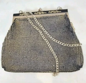 Vintage Damen Abendtasche Silber Perlen an schwarz-silbernen Akzenten & Kette - schön! - Bild 1 von 9