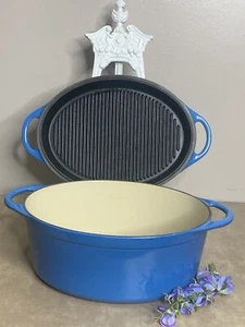 LE CREUSET ~ 2 in 1 CAST IRON Doufeu Dutch Oven Grill Lid OVAL 7 1/2 Q #32 Blue - Picture 1 of 16