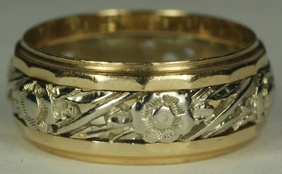 Vintage 14K White & Yellow Gold Floral Motif Ring Band Sz 6 c. 1940's - Image 1 of 4