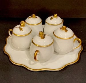 Vintage Limoges Porcelain Pots De Crème With Scalloped Tray Set Of 5 France 1950 - Picture 1 of 9