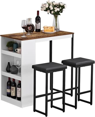 3 Piece Dining Table Set Kitchen Bar Table with Two Stool Storage Shelves Wood - Image 1 of 4