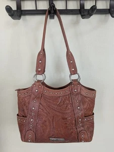 American West Leather Purse Brown Tooled Leather Shoulder Tote Bag - Picture 1 of 17