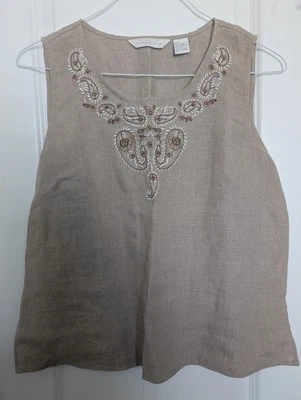 Camiseta sin mangas Tweeds 100 % lino con flores bordadas talla L Foto 1 de 4