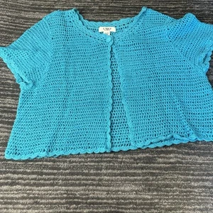 Crochet Cropped Cardigan Womens 18W Blue One Button Cottagecore Granny Core Knit - Picture 1 of 9