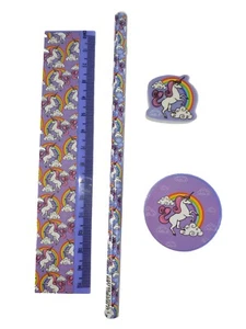 Juego de 4 piezas de papelería Unicornio afilador y lápiz de reglas azul púrpura rosa - Imagen 1 de 4