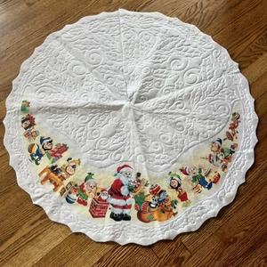 Vintage Felt Christmas Tree Skirt Santa Elves White Mid Century 34" - Picture 1 of 12