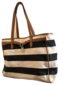 TOMMY HILFIGER TRAVEL WEEKEND SHOULDER TOTE BAG BLUE&WHITE STRIPED CANVAS GOLDEN - Picture 1 of 10