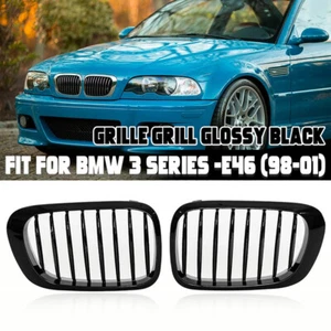 Gloss Black Front Kidney Grille Grill For BMW E46 M3 328i 325Ci 330Ci 2D 1999-02 - Picture 1 of 10