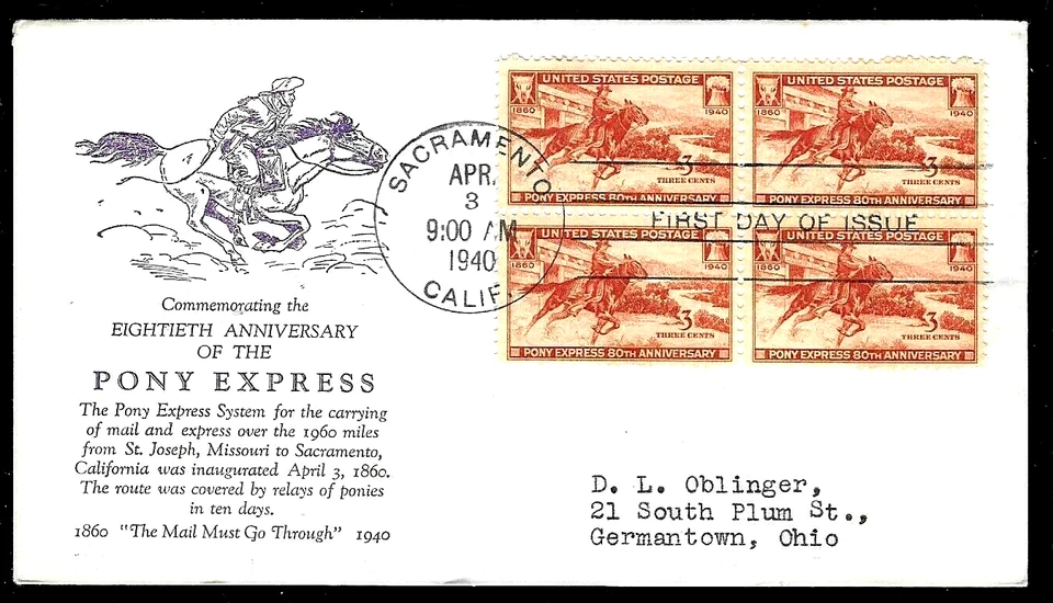 894 3c Stamp (1940) THE PONY EXPRESS FDC BY UNKNOWN CACHET MAKER - BLOCK - Image 1 of 1