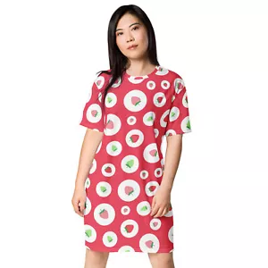 Red white & green polka dot strawberries T-shirt dress - Picture 1 of 45
