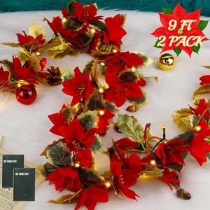 2 Pack Christmas Poinsettia Garland, 9 FT Lighted Artificial Garlands with Red F - Picture 1 of 7