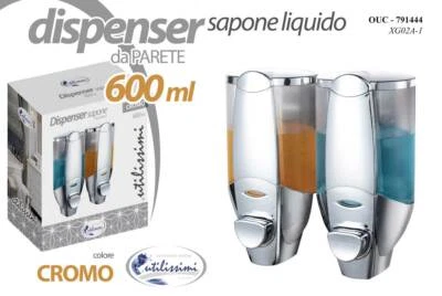 DISPENSER DOPPIO PORTA SAPONE LIQUIDO PARETE MURO Gel Igienizzante CROMO 600 ML - Immagine 1 di 4