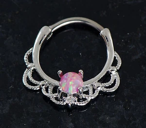 1 Stck. 316L Chirurgenstahl Lacey einzelner rosa Opal Septum Clicker Nasenring 16G - Bild 1 von 3