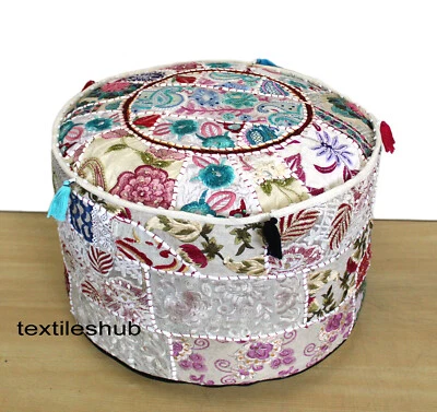 Indian Vintage White Pouffe Cover Cotton Ottoman Patchwork Floor Sofa Footstool - Image 1 of 4