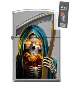 Zippo 82250 skull grim reaper hood scythe fire flames Lighter + FLINT PACK - Picture 1 of 1