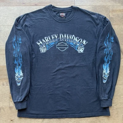 Vintage Y2K Harley Davidson Flaming Dice Clown Long Sleeve T-shirt Faded Black - Image 1 of 4