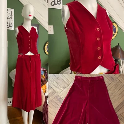 Conjunto de chaleco y pantalones de pierna ancha vintage de terciopelo de algodón rojo S 34/26 Foto 1 de 4