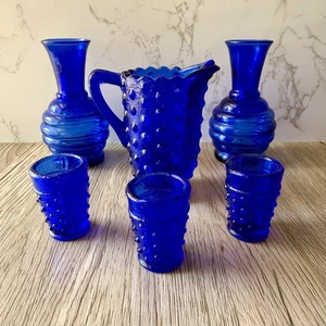 Fenton Cobalt Blue Hobnail Miniature Pitcher & Glass Set And 2 Vases - Picture 1 of 5