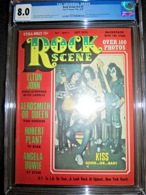 Журнал Rock Scene Kiss 1-ое появление! CGC 8.0! Сентябрь 1975 дебютная обложка самая высокая - Изображение 1 из 4