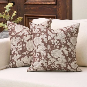 Floral Pillow Covers 18X18 Set of 2, Vintage Block Print Pillow Covers Neutral D - Picture 1 of 8