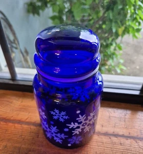 Vintage Cobalt Apothecary Jar Libby Blue Glass Snowflake Storage Cannister - Picture 1 of 12