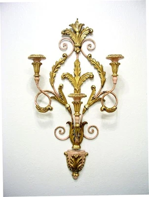 DE COLECCIÓN GRANDES APLIQUES DE VELA ITALIANOS DE MADERA DORADA Y METAL, PAR, 31 PULGADAS! Foto 1 de 4