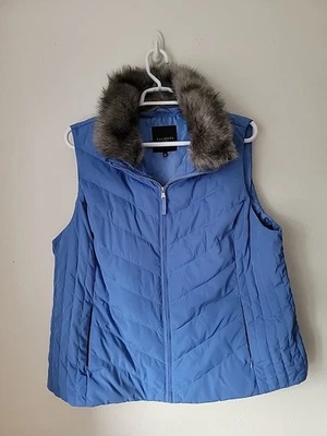 Talbots 3X Vest Periwinkle Blue Faux Fur Collar Zip Down Fill - Image 1 of 4