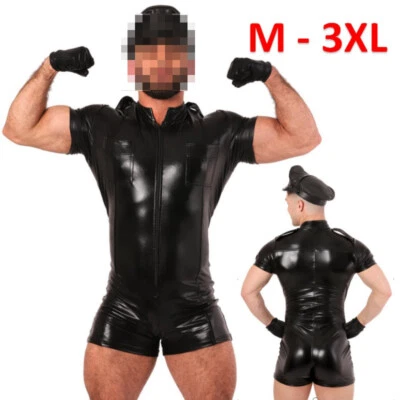 Men Sexy Fancy Cops PU Leather Halloween Costume clubwear Police Uniform Cosplay - Image 1 of 4