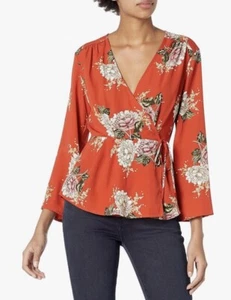 ASTR The Label Women’s Floral Wrap Top Size S Peplum Flowy Sleeve Red/Orange - Picture 1 of 12
