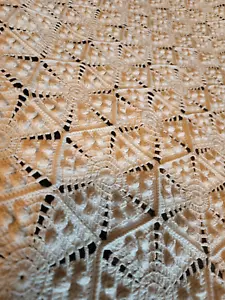 Antique Crochet Bedspread Handmade Cotton Popcorn Pinwheel Fringe Natural - Picture 1 of 7