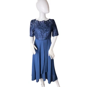 TS Conture Dress S Navy Blue Tea Length Embroidered Lace Bodice Chiffon Skirt - Picture 1 of 14