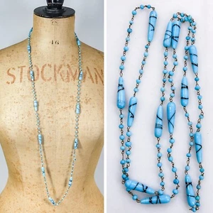 Vtg 1930s Czech Glass Lampwork Necklace 42" Art Deco Blue Swirly Flapper Beads - Picture 1 of 16