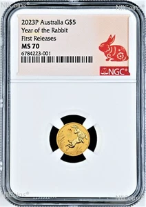 2023 Australia Bullion GOLD $5 Lunar Year of the Rabbit NGC MS70 1/20oz Coin FR - Picture 1 of 2