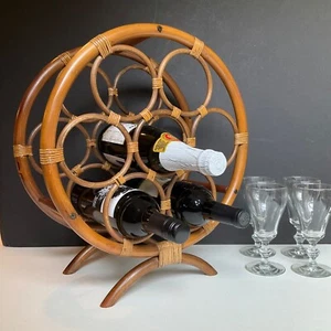 VTG 1970's Wicker Bent Bamboo/Rattan Wine Rack Holder for 7 bottles Round Circle - Picture 1 of 19