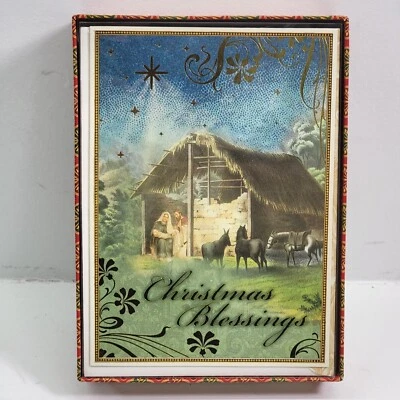 Punch Studio 20 Christmas Holiday Cards & Envelopes Nativity Manger Gold Trim - Image 1 of 3