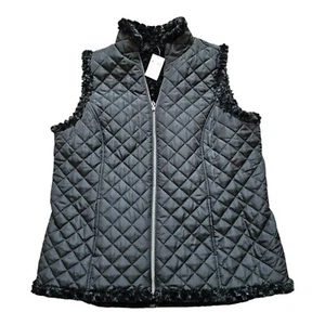 Denim & Co Womens Vest Sleeveless Black Reversible Faux Fur Pockets Size Large - Picture 1 of 7